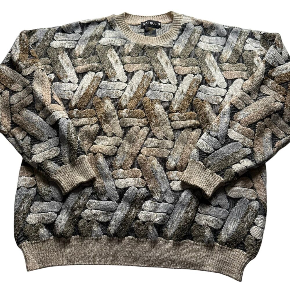 Vintage 90s Bachrach 3D Geometric Knit Sweater Men’s L Gray Tan Made In Canada
